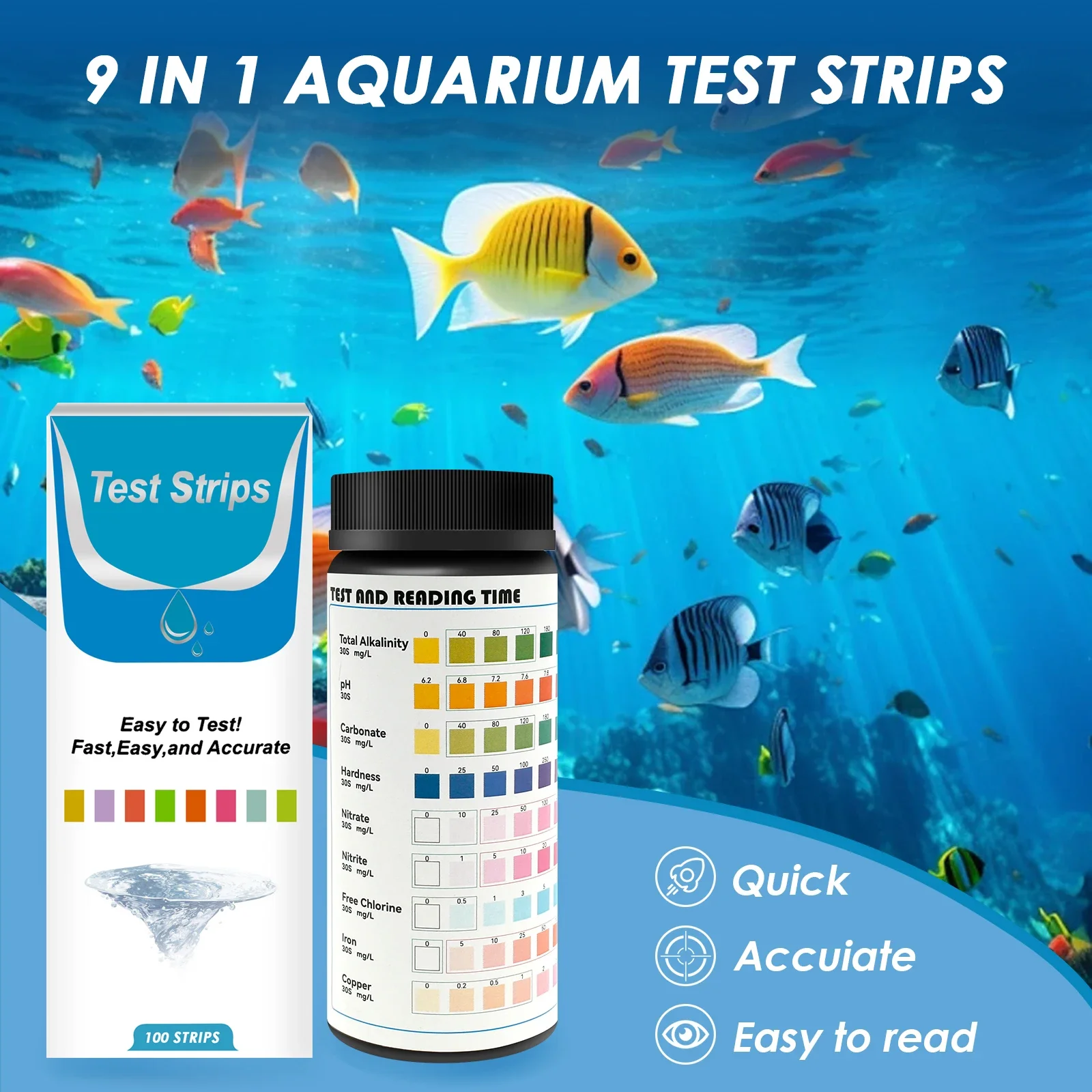 Marine Aquarium Test Kit - 100 Adet 9-IN-1 Akvaryum Testi Balık